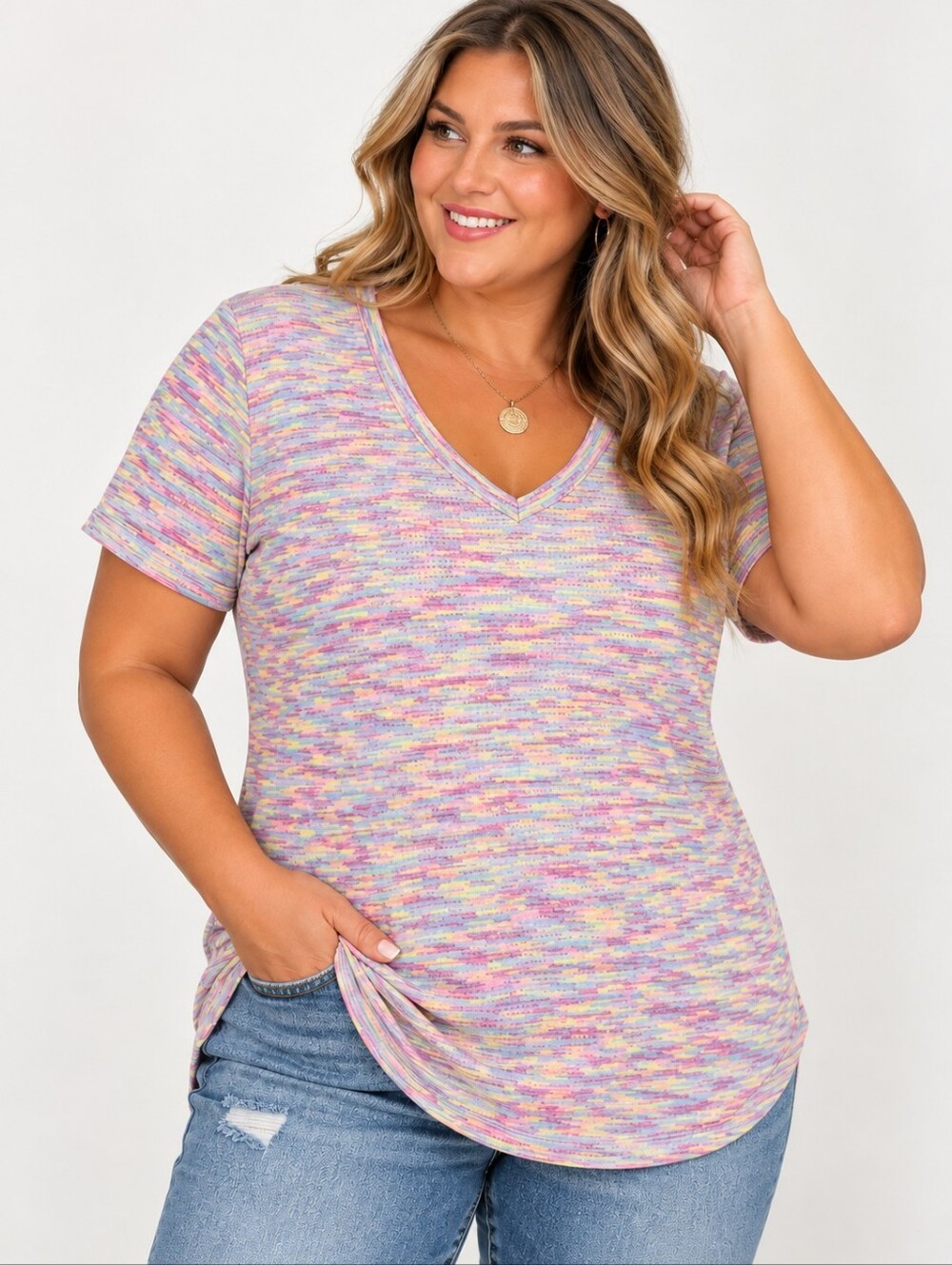 Women’s Plus Size 2XL Pastel Space Dye V Neck Tunic Top Short Sleeve Shirt